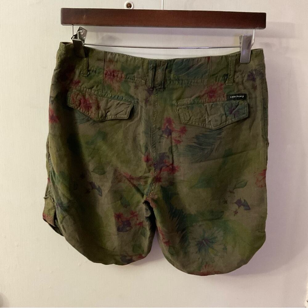 Sanctuary Olive Green Linen Floral Khaki Shorts 26 Fairycore Print Tomato Girl - Picture 2 of 8